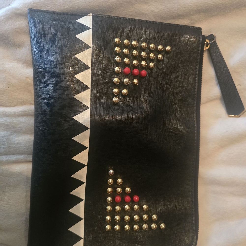 Vintage Black Studded Wristlet Clutch with White Chevron Trim